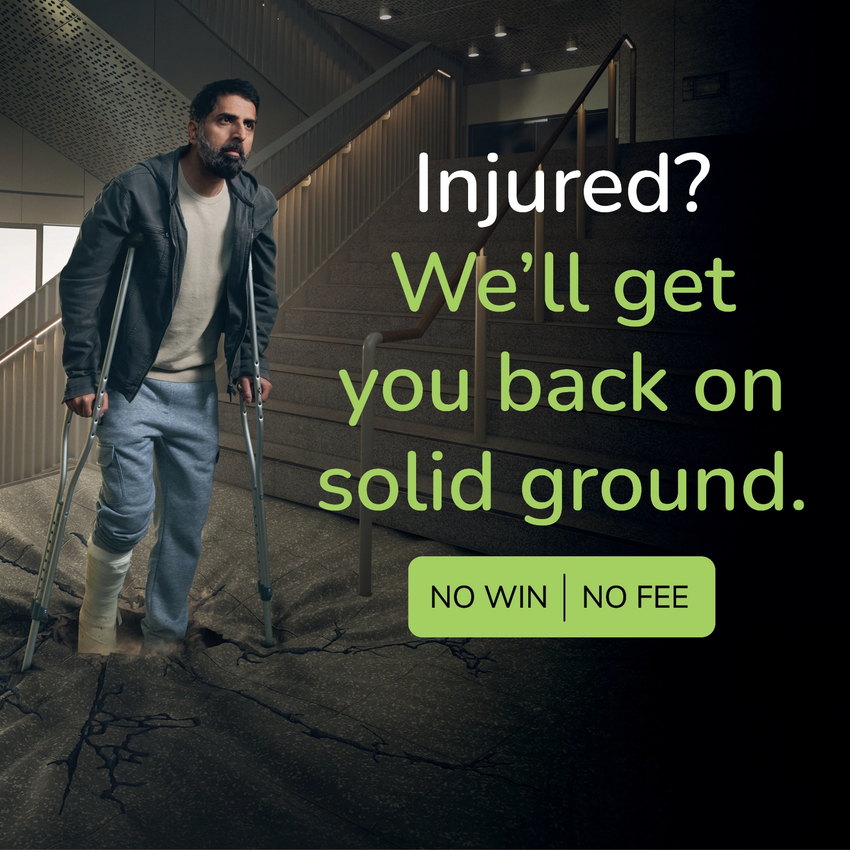 Injured? We'll get you back on solid ground. No Win, No Fee logo.